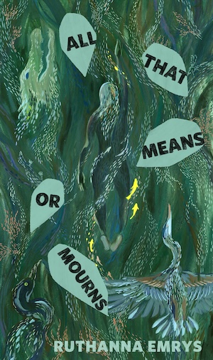 An illustration of a woman swimming through long green organic tendrils containing the shapes of birds and other creatures.