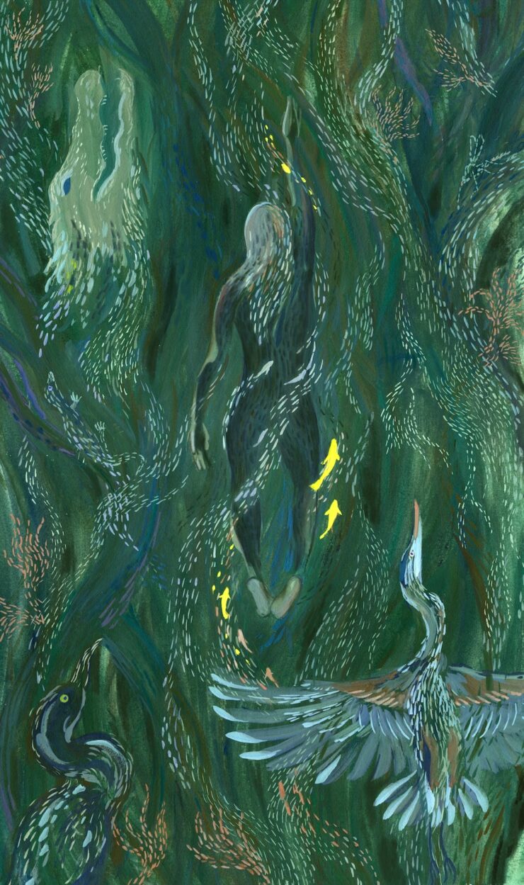 An illustration of a woman swimming through long green organic tendrils containing the shapes of birds and other creatures.