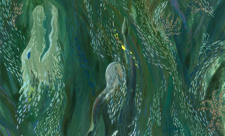 An illustration of a woman swimming through long green organic tendrils containing the shapes of birds and other creatures.