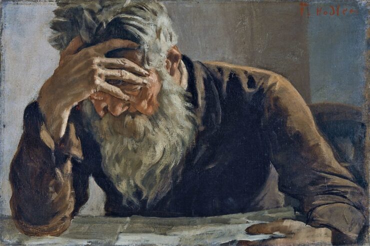 Painting of a bearded man hunched over a desk or table, reading a paper with his right hand to his forehead