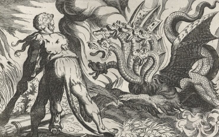 17th century etching depicting Hercules fighting the Lernaean Hydra