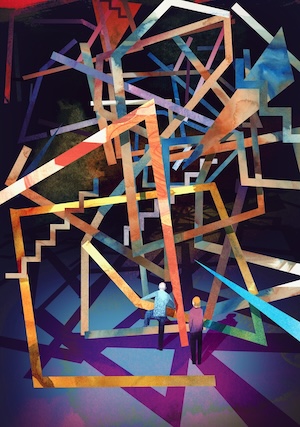 An illustration of two small figures facing a colorful jumble of giant abstract lines and shapes.