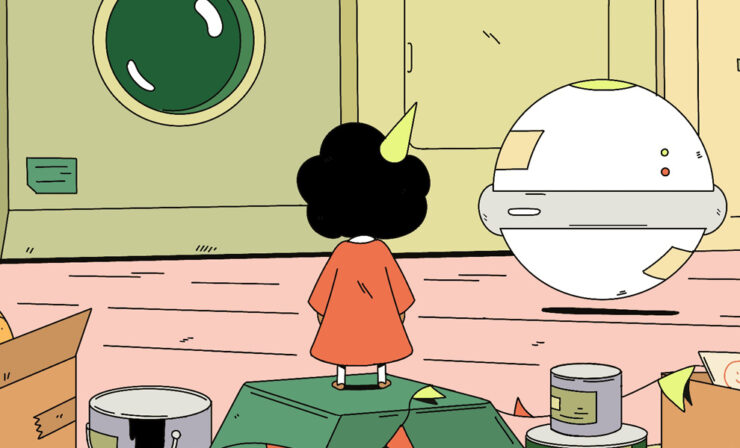 An illustration of a small child with an orb-like robot peering up at several cats on a counter.