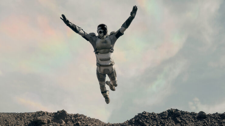 Murderbot jumping through the air in season 1 episode 9, "All Systems Red"