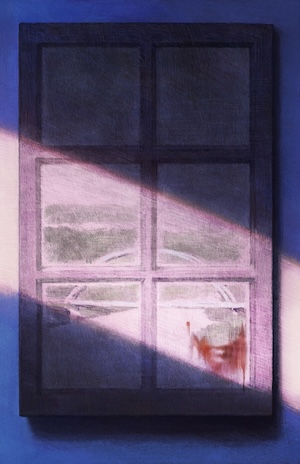 An illustration of a reddish orange blur resembling a human face peering out from a dusty window pane.