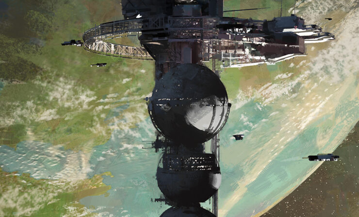 An illustration of a space station--constructed of three stacked orbs and topped by a rink-like docking structure--in orbit around a large blue and green planet.