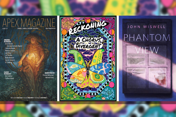 Covers of three SFF short fiction magazines and stories