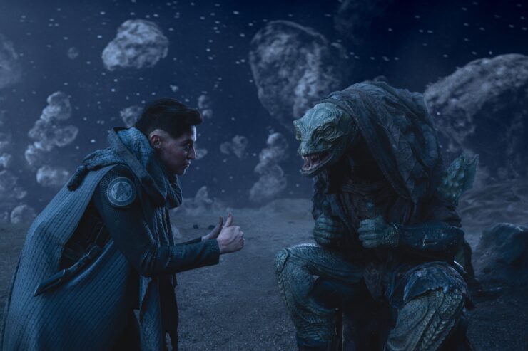 Melissa Navia as Ortegas and The Gorn both giving a thumbs up in season 3, Episode 9 of Strange New Worlds