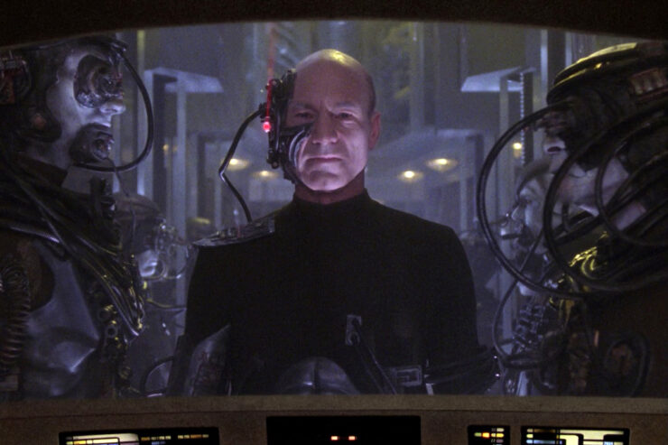 Jean-Luc Picard (Patrick Stewart) is assimilated into the Borg Collective in Star Trek: The Next Generation's "The Best of Both Worlds"