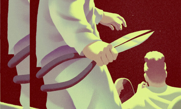 An illustrated recursive image of a man gripping large garden shears as he creeps up behind a couple.