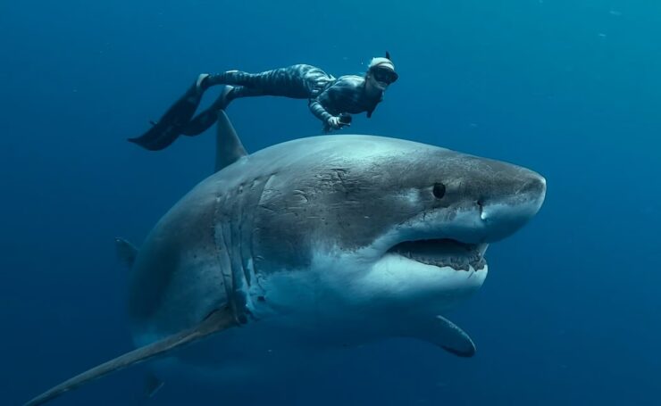 Ocean Ramsey swimming with a shark in the documentary Shark Whisperer