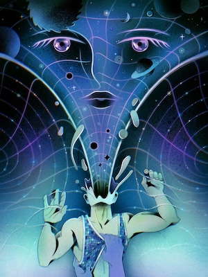 An illustration of a person’s head tilted back and exploding as it forcefully ejects the fabric of space and time, which takes the form of a femme face.