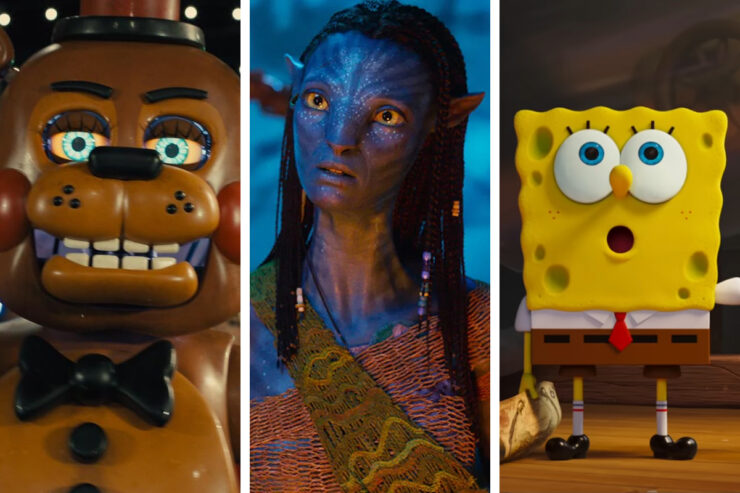 Images from 3 movies releasing in December 2025: Five Nights at Freddy's 2; Avatar: Fire & Ash; and The SpongeBob Movie: Search for SquarePants
