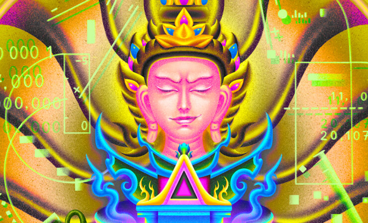 A colorful illustration depicting a Buddhist heaven using elements of classic Thai art styles.
