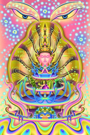 A colorful illustration depicting a Buddhist heaven using elements of classic Thai art styles.