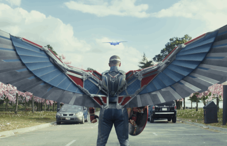 Screenshot from Captain America: Brave New World, showing Captain America from the back with wings spread.
