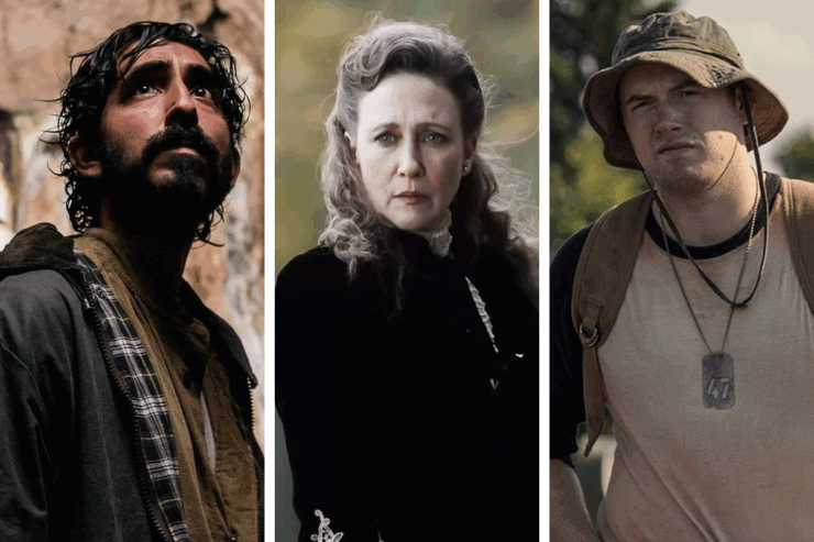Images from three movies releasing in September 2025: Dev Patel in Rabbit Trap, Vera Farmiga in The Conjuring: Last Rites, and Cooper Hoffman in The Long Walk