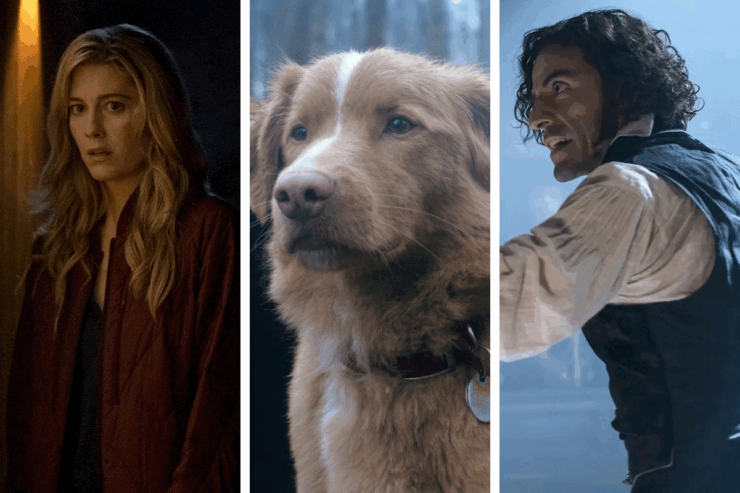 Images from three genre movies premiering in October 2025: The Hand That Rocks the Cradle, Good Boy, and Frankenstein