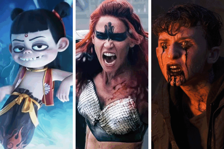 Images from three movies premiering in August 2025: Ne Zha 2; Matilda Lutz in Red Sonja; Jett Klyne in Shaman