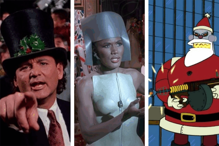 Images from three offbeat holiday classics: Bill Murray in Scrooged; Grace Jones in Christmas at Pee-Wee’s Playhouse; Robot-Santa in Futurama