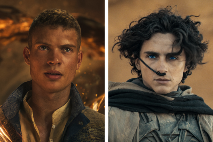 Side by side comparison of Josha Stradowski as Rand al’Thor in The Wheel of Time and Timothée Chalamet as Paul Atreides in Dune