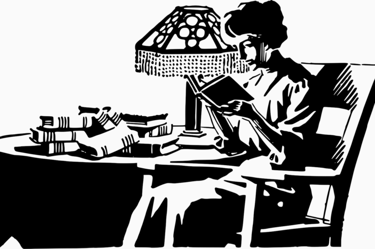 Black and white silhouette illustration of a young woman reading at a table piled with additional books