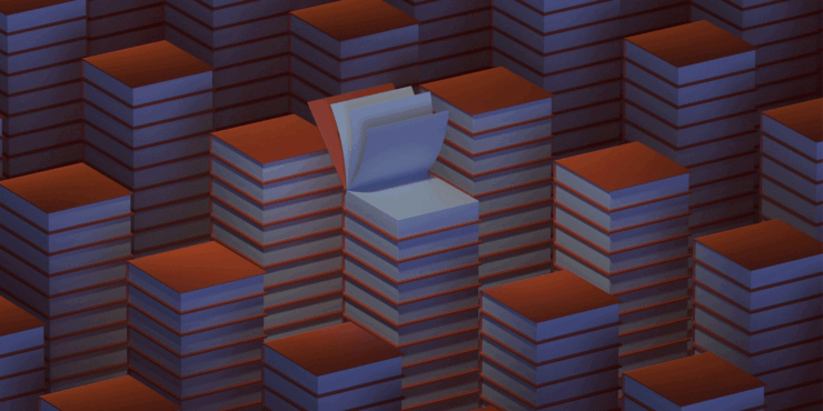 3D render image depicting stacks of books with red covers. The book in the center is open with several pages flared upward