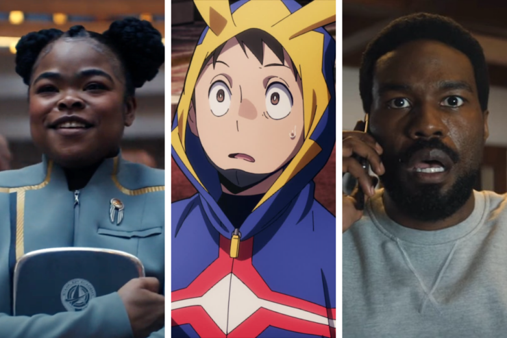 Images from three upcoming SFF television series: Kerrice Brooks in Star Trek: Starfleet Academy; scene from the anime My Hero Academia: Vigilantes; and Yahya Abdul-Mateen II in Wonder Man