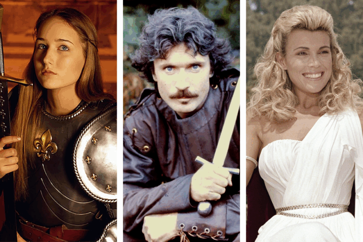 Images from 3 TV movies: Patrick Bergin in Robin Hood; Leelee Sobieski in Joan of Arc; Vanna White in Goddess of Love