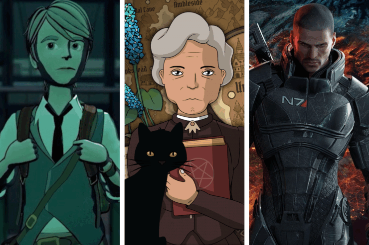 Images from three SFF-adjacent video games: Blue Prince, Strange Horticulture, and Mass Effect