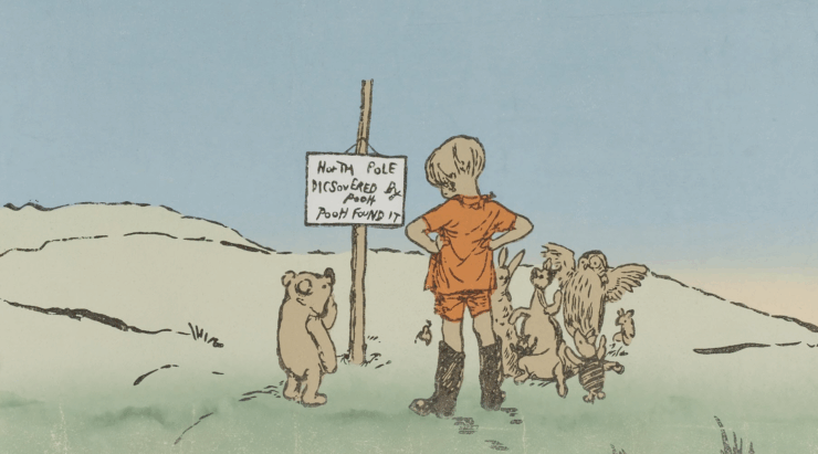 Illustration of Christopher Robin with Winnie-the-Pooh, Rabbit, Kanga and Roo, Owl, and Piglet. Christopher looks at a sign that reads "North Pole Discovered by Pooh, Pooh Found It"